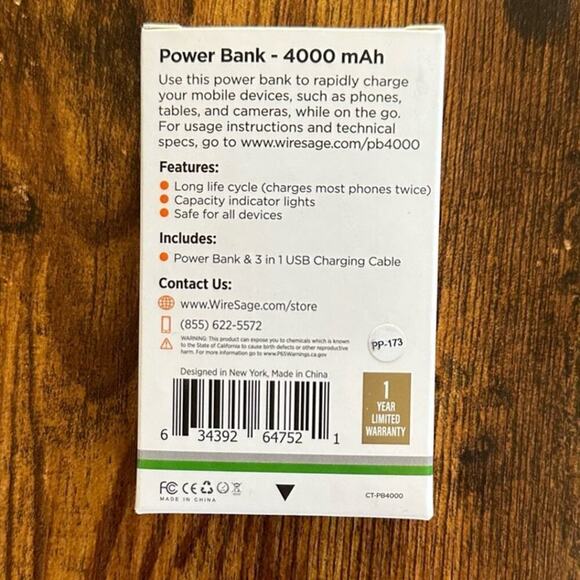 Wiresage Power Bank - 4000 mAh - Black, Works With Any USB-A Charging Cable, NIB - Picture 4 of 5